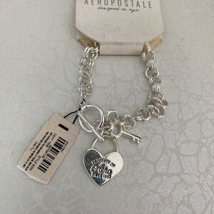 Aeropostale Silver Heart Lock & Key Charm Bracelet
